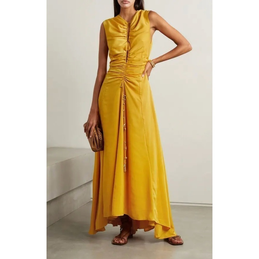 B61 Altuzarra Kaya Asymmetric Ruched Maxi Dress Fr 42 US 10 Yellow Satin Crepe